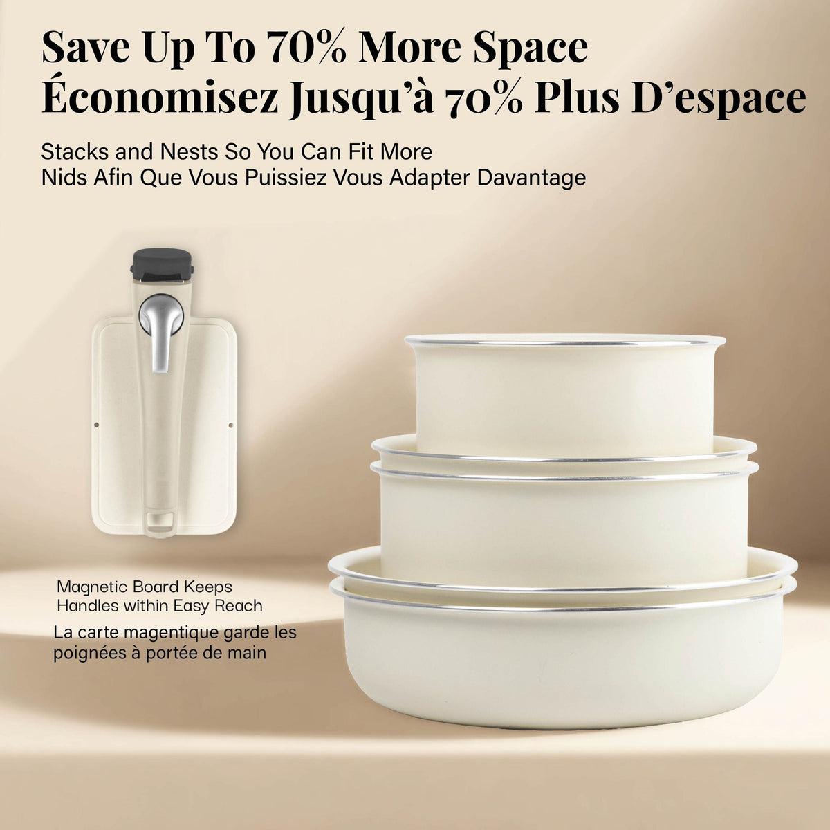 OB Pots & Pan Set with Removable Handles, Cream, 18-pc