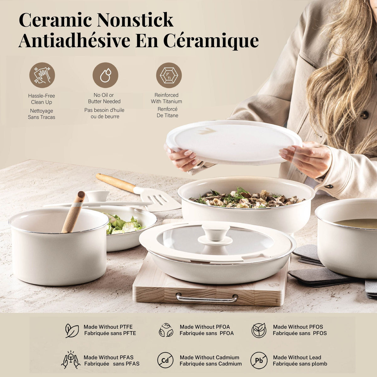 OB Pots & Pan Set with Removable Handles, Cream, 18-pc