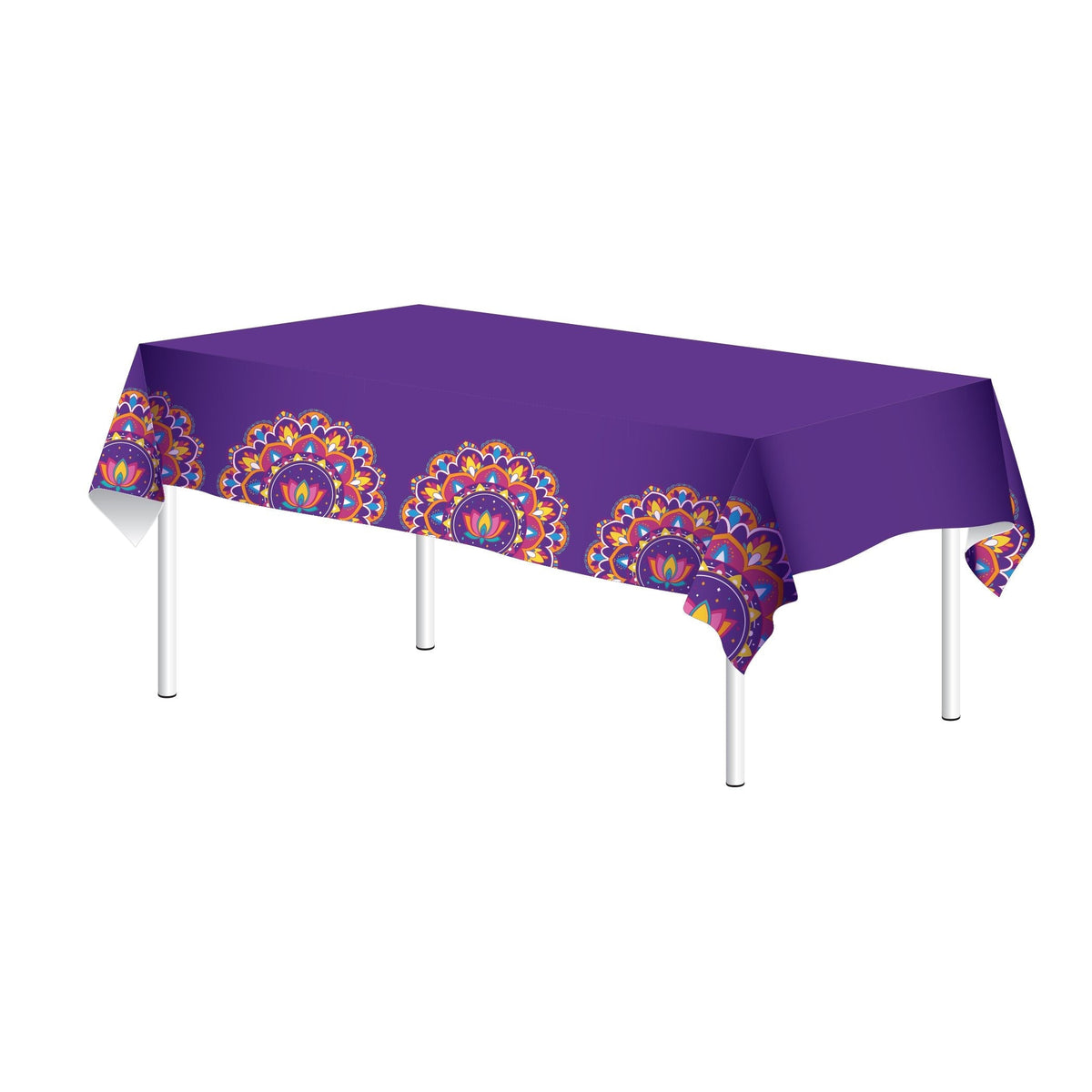 Patterned Rectangle Plastic Reusable Table Cover, Multi-Coloured, 51x87-in, for Diwali