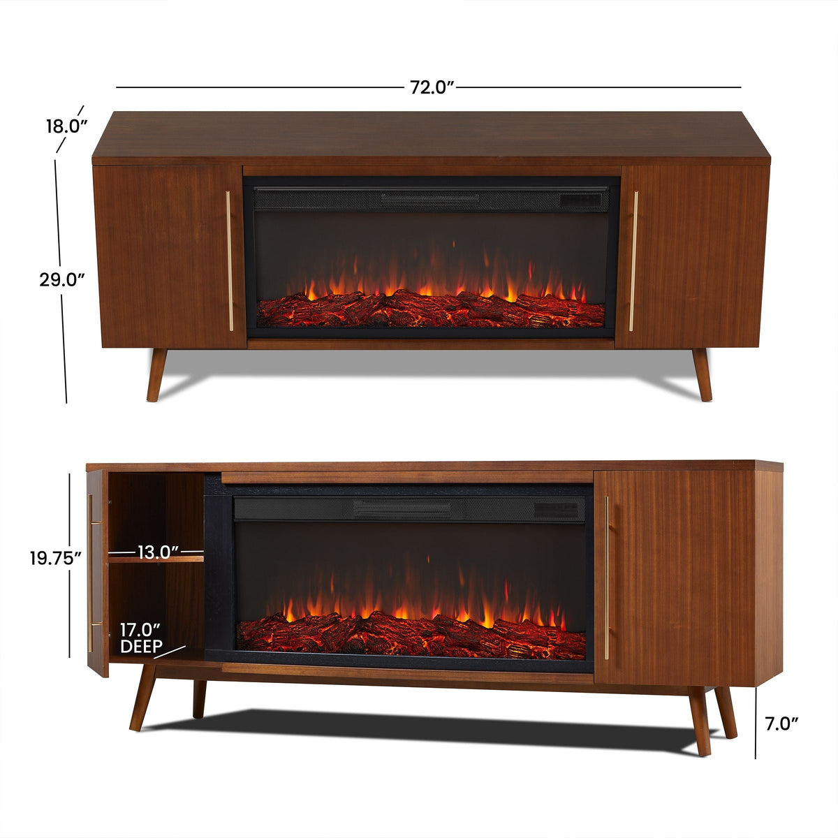 Morris Media Indoor Electric Fireplace TV Stand, 72-in, 1500W, Includes Remote Control & Firebox, Vintage Black Maple