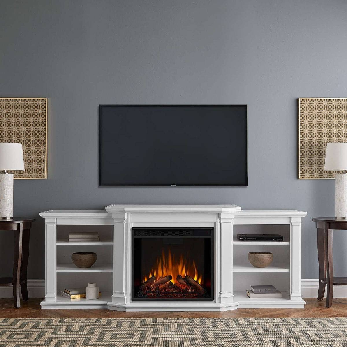 Valmont Media Indoor Electric Fireplace TV Stand, 74-in, 1500W, Includes Remote Control & Firebox, White