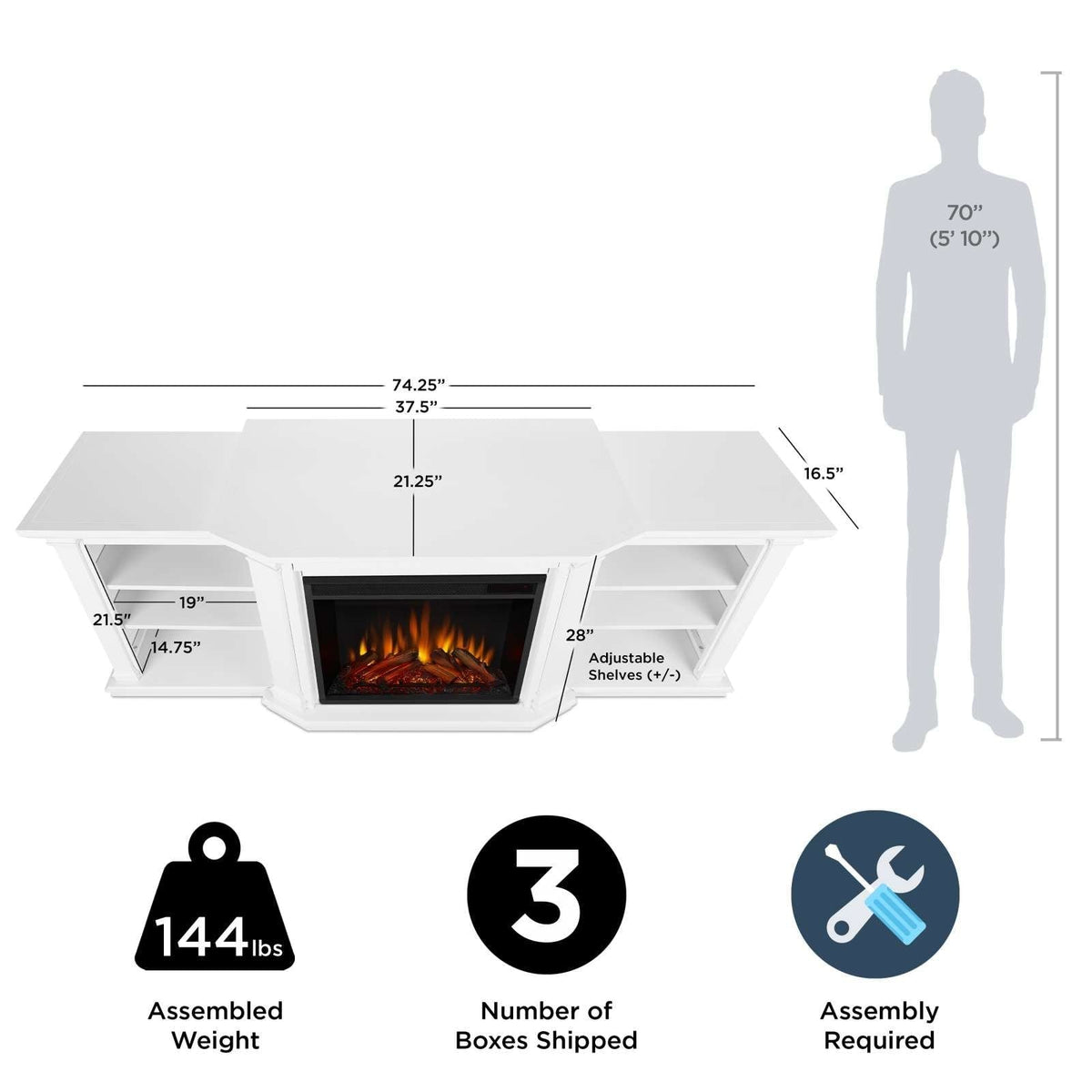 Valmont Media Indoor Electric Fireplace TV Stand, 74-in, 1500W, Includes Remote Control & Firebox, White