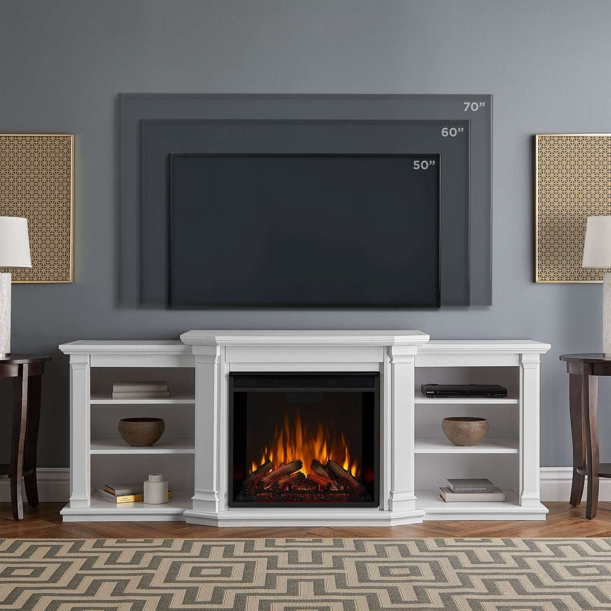 Valmont Media Indoor Electric Fireplace TV Stand, 74-in, 1500W, Includes Remote Control & Firebox, White