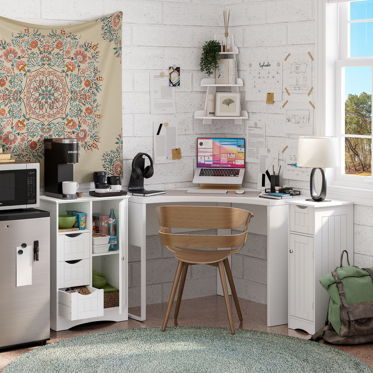 Home Ashland Single Door Bathroom & Laundry Storage Cabinet with 3 Drawers, Open Cubby & Adjustable Shelf, White