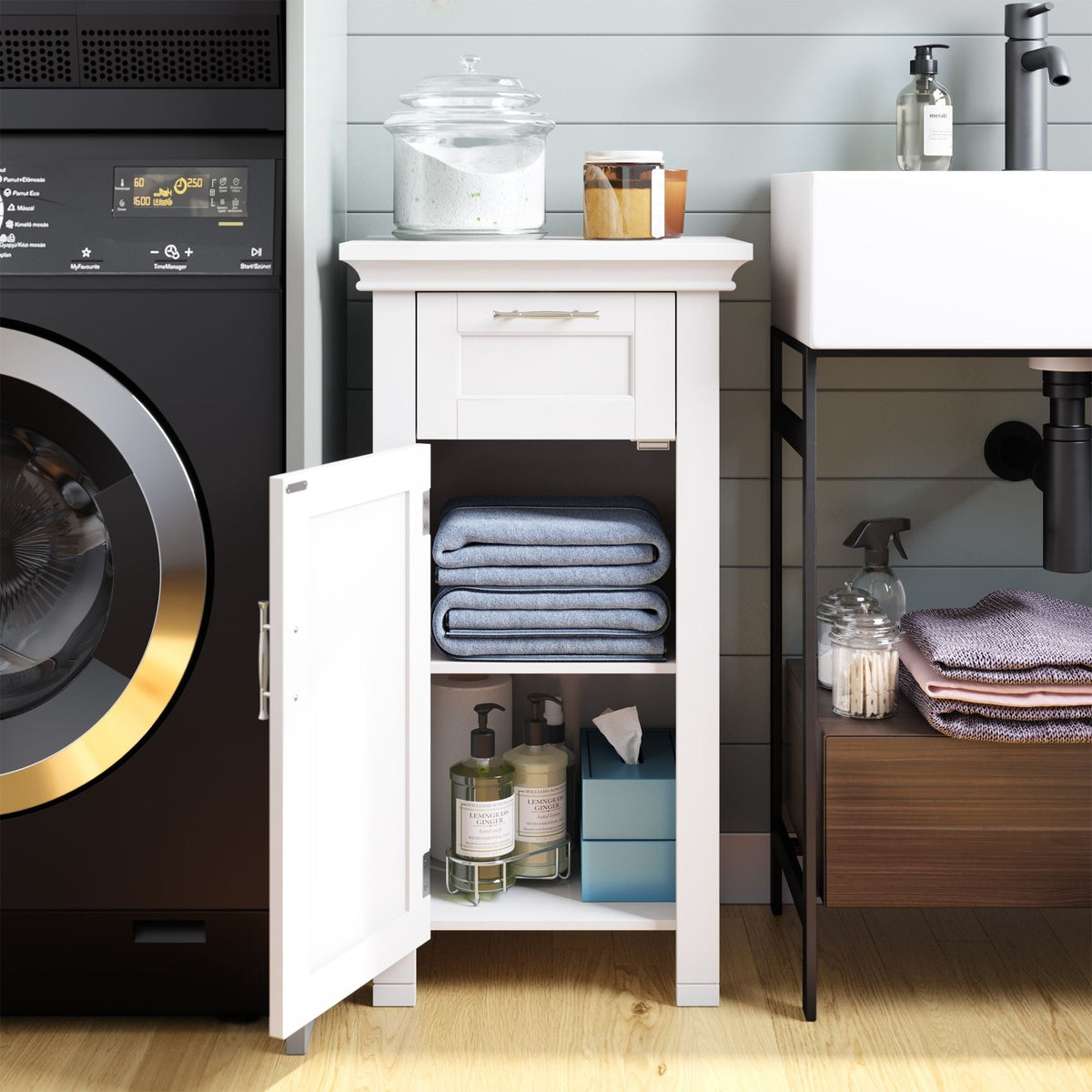 Home Somerset Single Door Bathroom & Laundry Storage Cabinet with Drawer & Adjustable Shelf, White