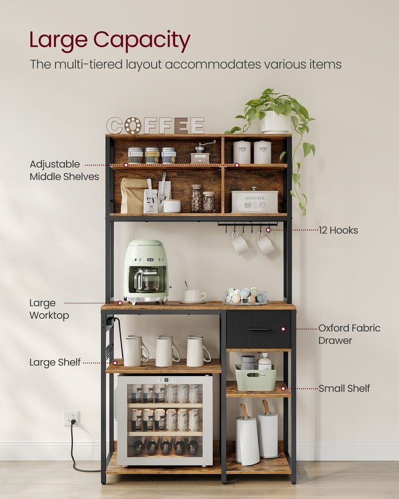 Home Brown Baker's Rack/Charging Station with Small Shelves