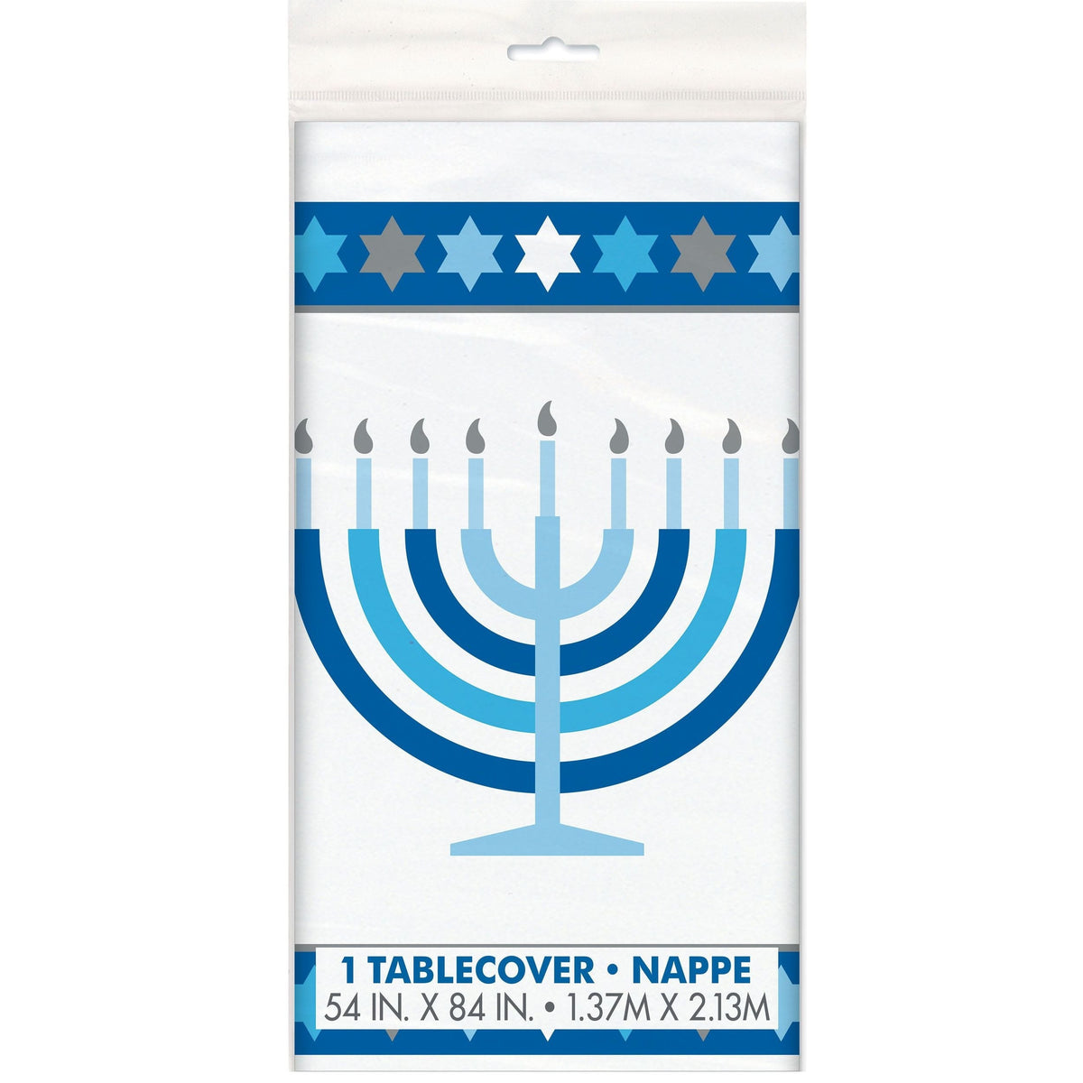 Starry Rectangle Plastic Reusable Table Cover, White/Blue, 54x108-in, for Hanukkah