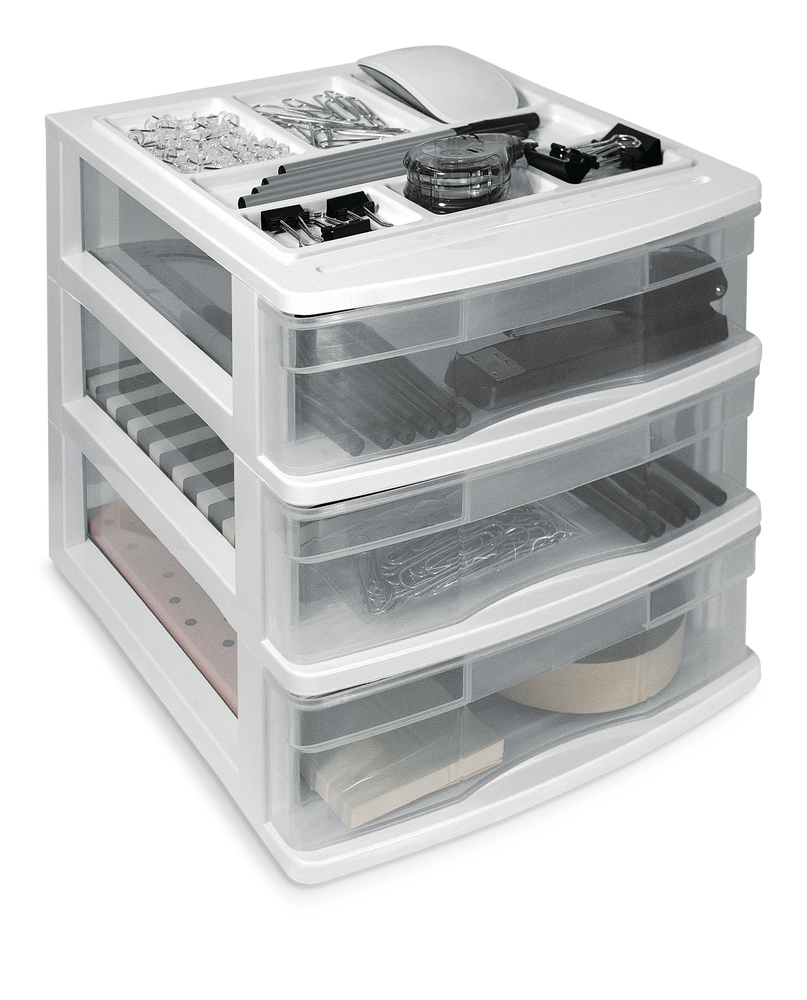 type A Desk Clear White Frame 3-Drawer Storage Tower, 10-in