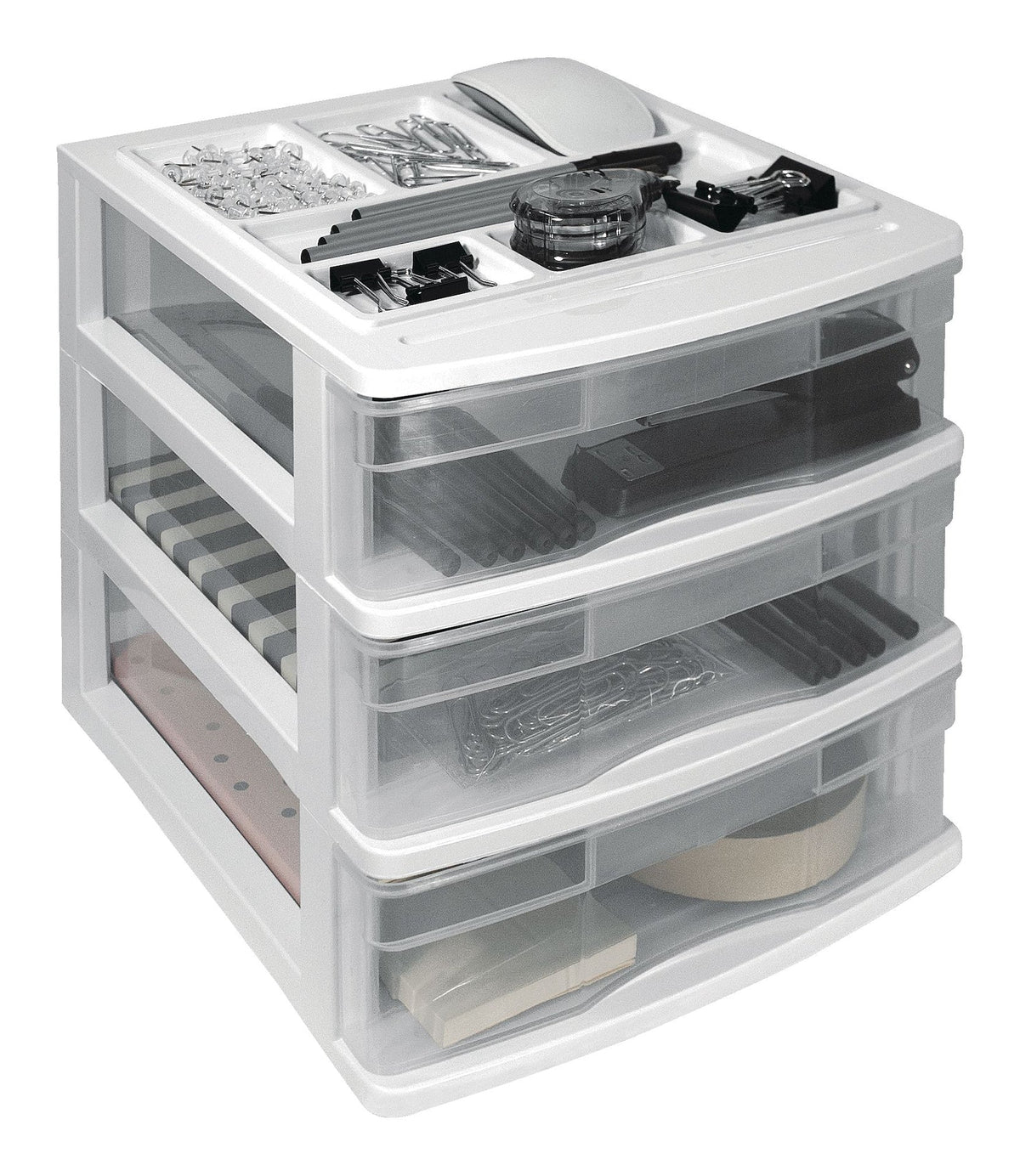 type A Desk Clear White Frame 3-Drawer Storage Tower, 10-in