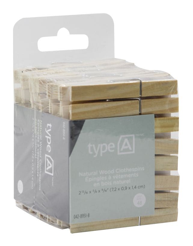 type A Natural Wood Clothespins, 48-pk