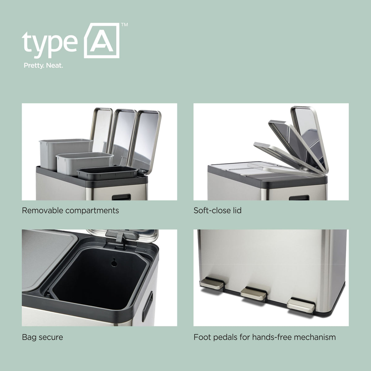 type A Tri-Sorter Stainless Steel Garbage Can, 3 x 20-L