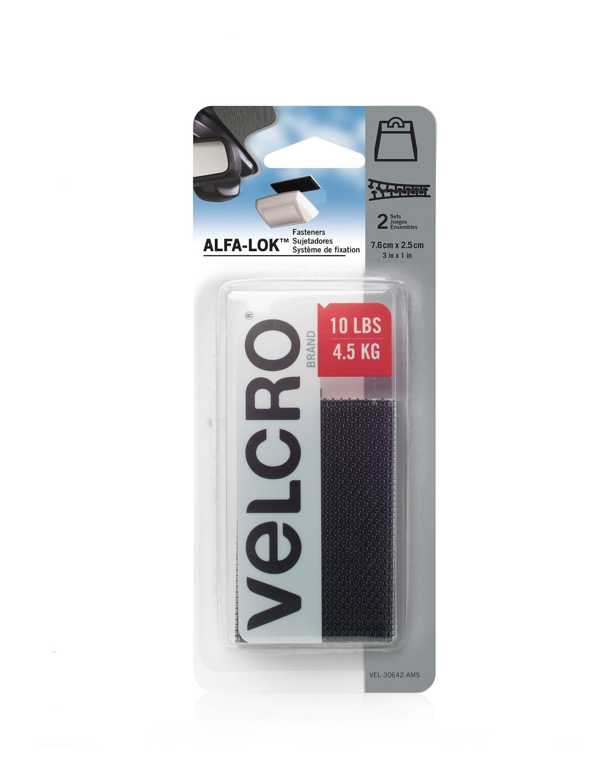 Hook-and-loop ALFA-LOK Double-Sided Adhesive Fastener Strips, Black, 10-lbs, 2-pk