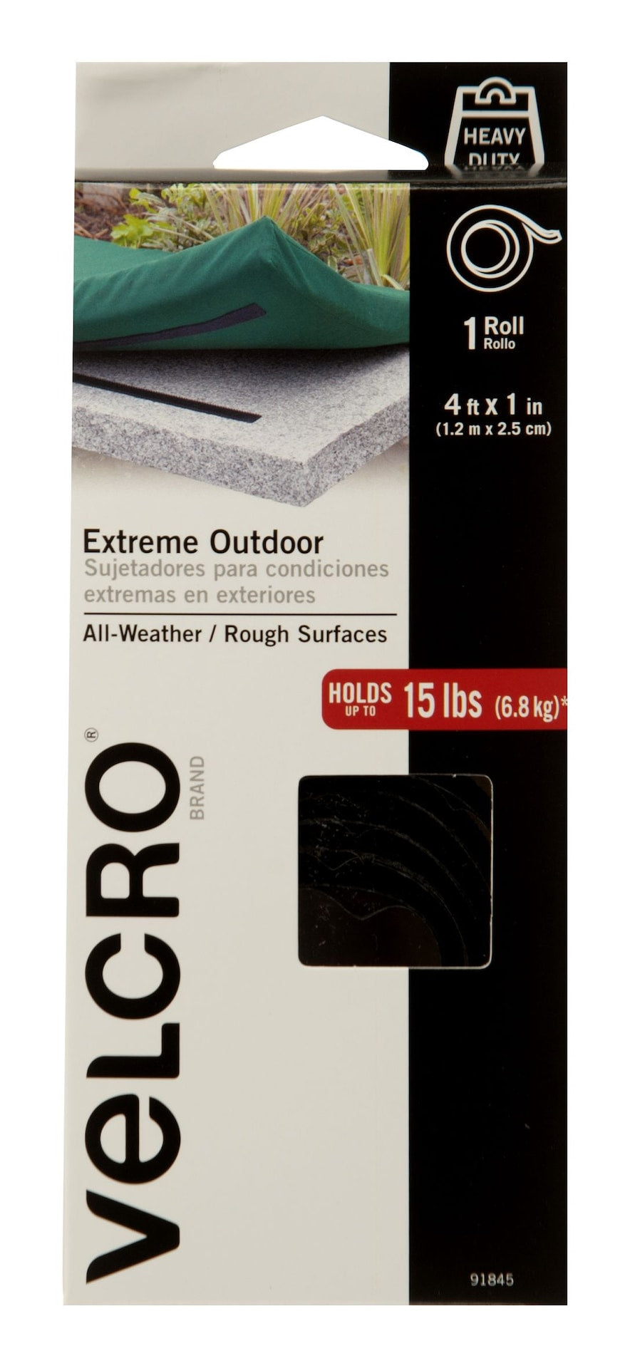 Hook-and-loop Industrial Strength Extreme Heavy Duty Tape, Black, 15-lbs, 4-ft x 1-in, 1-pk