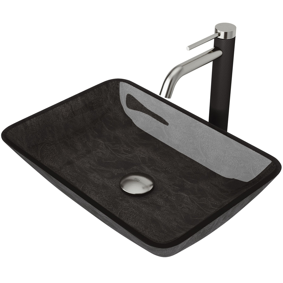 Glass Grey Onyx Bathroom Sink/Basin Set with Lexington Faucet and Rectangular Vessel