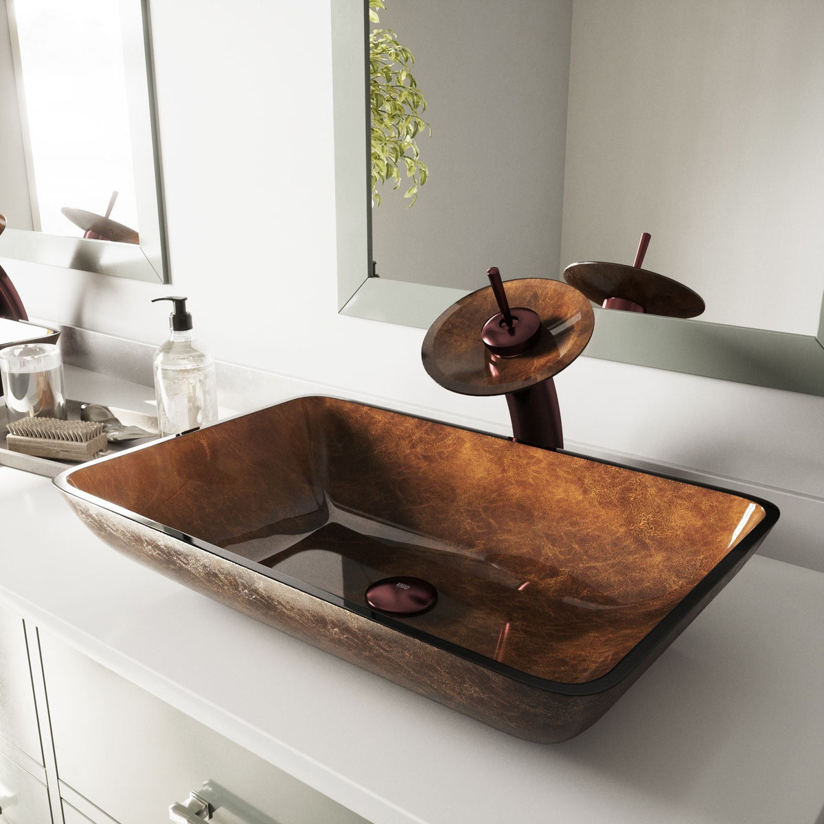 Glass Rectangular Vessel Bathroom Sink/Basin with Rounded Edges & Deep Bowl, Russet