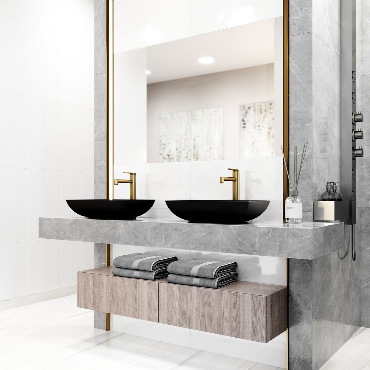 Sottile Matte Black Bathroom Sink/Basin Set with Sterling Faucet and Glass Rectangular Vessel