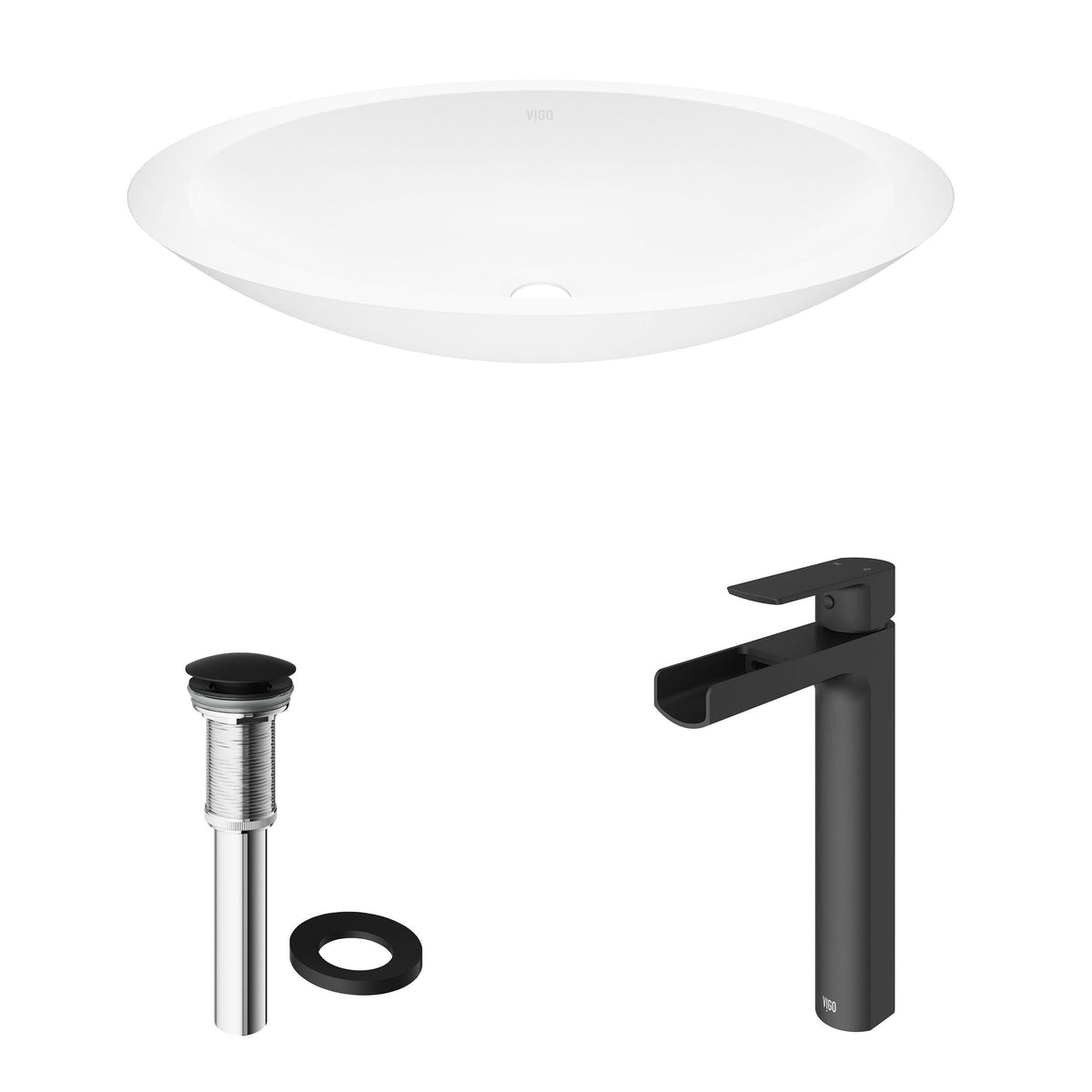 Wisteria White Bathroom Sink/Basin Set with Amada Faucet and Oval Composite Vessel