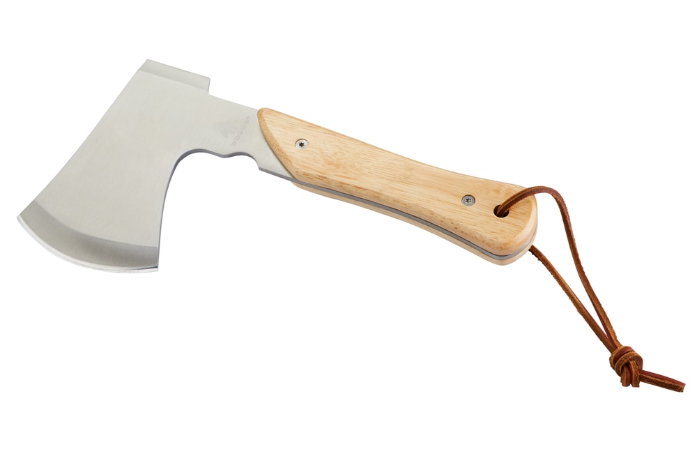 Woods Mini Pack Axe, Steel Single-Bit Hatchet Axe with Wooden Handle, Leather Sheath & Strap