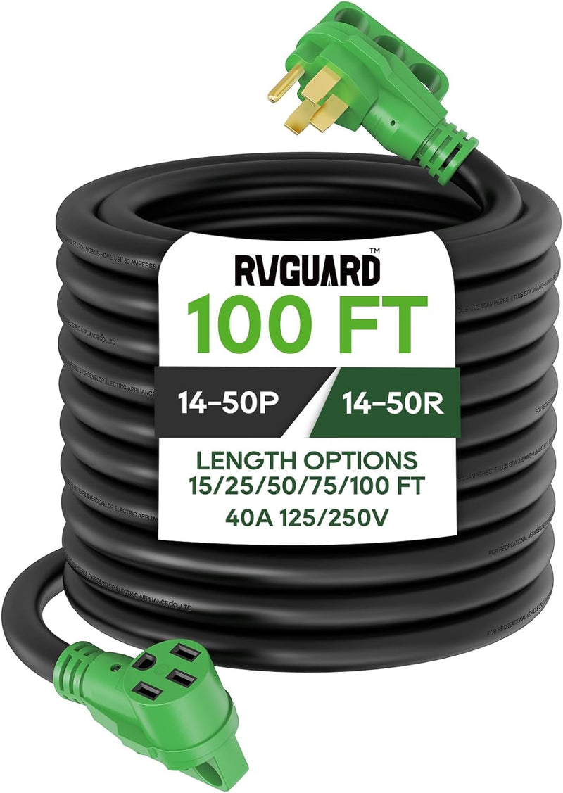 40 Amp 100 Foot RV/EV Extension Cord, NEMA 14-50P/R Heavy Duty Extension Cord with LED Power Indicator and Cord Organizer, Green R4951