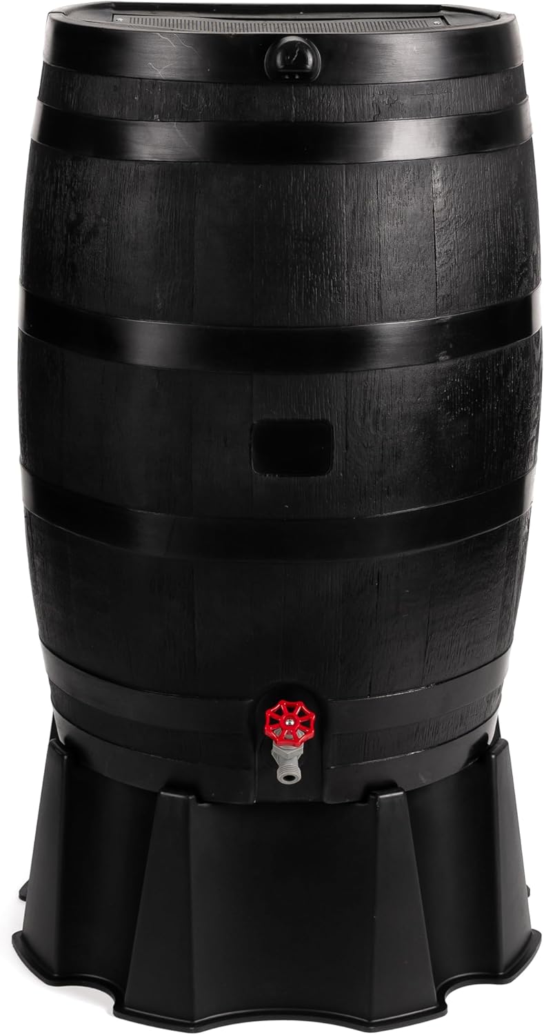 RTS Home Accents 50-Gallon ECO Rain Barrel Made with 100% Recycled Plastic, Flat Back Rain Water Collection Barrel, Black S4101