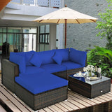 5 pieces of outdoor patio furniture, L-shaped rattan three-seater sofa with tempered glass coffee table, footstool, 3 single chairs, rattan outdoor party set, suitable for backyard, porch, balcony, black version