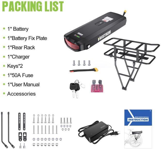 Ebike Battery 48V 17.5AH Lithium ion Rear Rack Battery for BAFANG/Voilamart/PEXMOR/AW 48V200W-1000W Ebike Kit,48V E Bike Batteries with Luggage Rack,Taillight,30A BMS,3A Fast Charger & Safety Lock