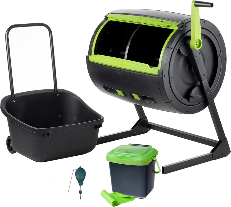 Two 65-gallon two-stage composting drums, equipped with large double doors and an open frame, are also provided along with a maze-style compost cart, a 1.85-gallon kitchen trolley-style compost bin, three rolls of corn bags, and a retractable plant t V352