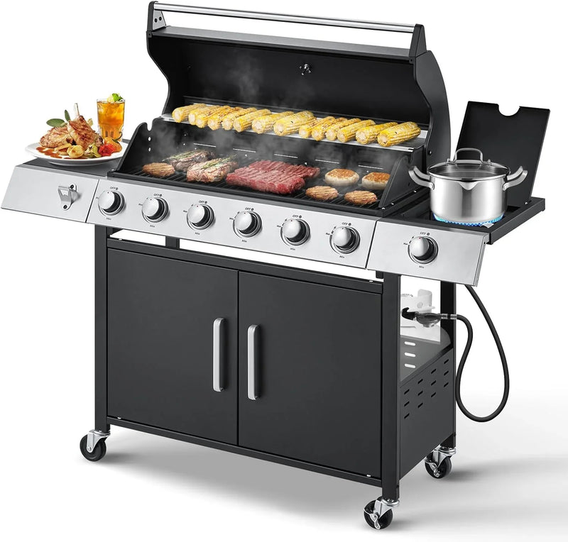 Upgraded 4 Burner BBQ Propane Gas Grill with Cast Iron Grates & Side Stove, 44,000 BTU Stainless Steel Burner Barbecue Grill for Patio, Camping, Outdoor Cooking MELLCOM E3661