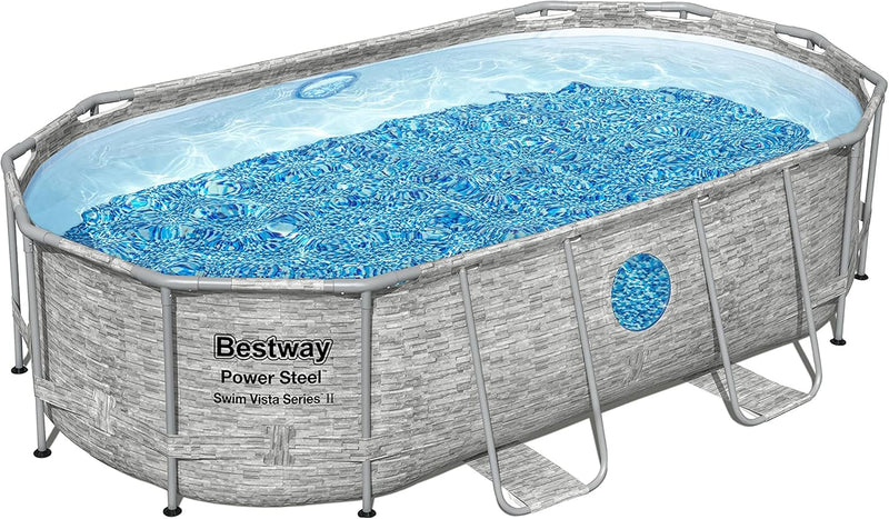 The robust steel swimming pool " Series II" - a 14 feet x 8 feet 2 inches x 39.5 inches outdoor above-ground pool package, equipped with a 530 liter/minute filtration pump, ladder and pool cover. D6981