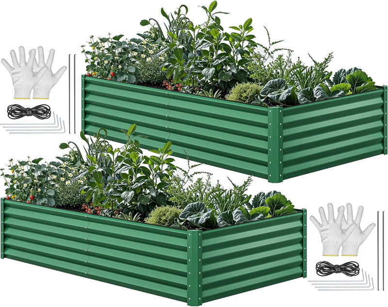 8x4x2ft 2pcs Large Raised Garden Bed Kit, Galvanized Metal Planter Box with Gloves, Ground Nails & Safety Rubber, Outdoor Above Ground Planters for Plants Vegetables Flowers, Green U3623