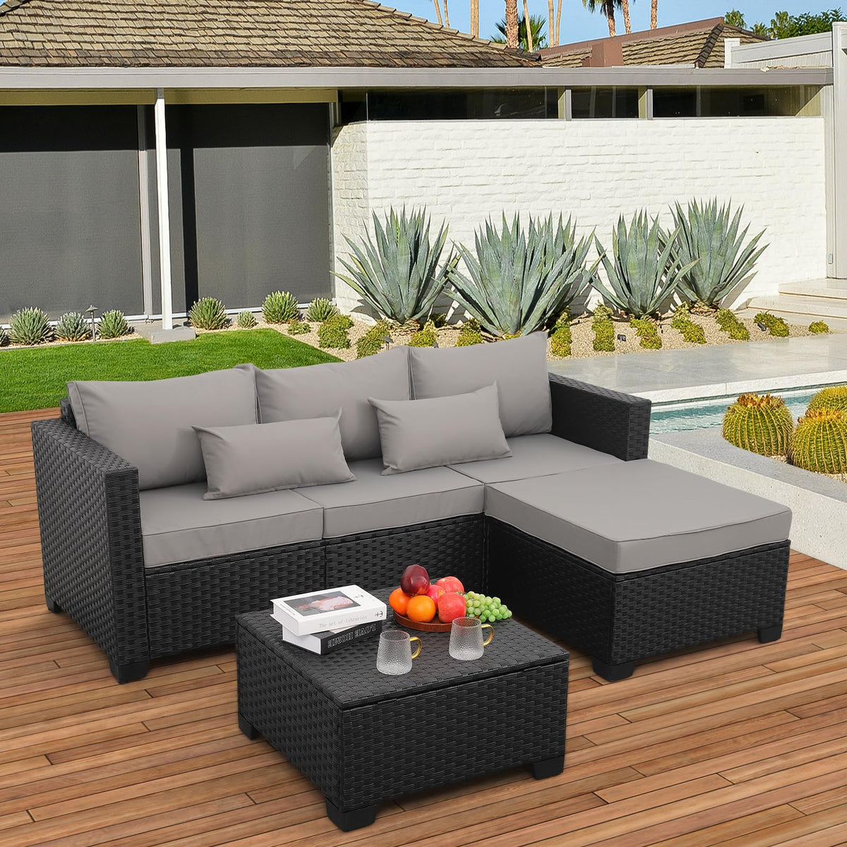 3 Pieces Patio Furniture Set with Ottoman and Outdoor Storage Table