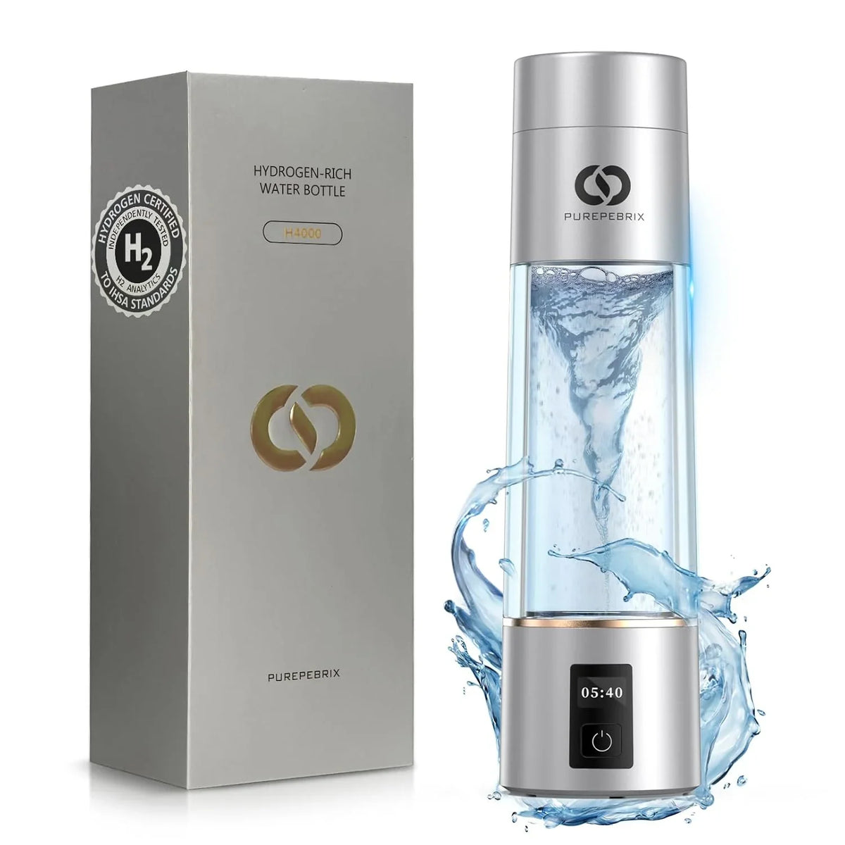 Hydrogen Water Bottle Generator(Silver) - Up to 6360 PPB - Certified H2 Generator- SPE/PEM Technology - - Portable Hydration & Athletic Performance System