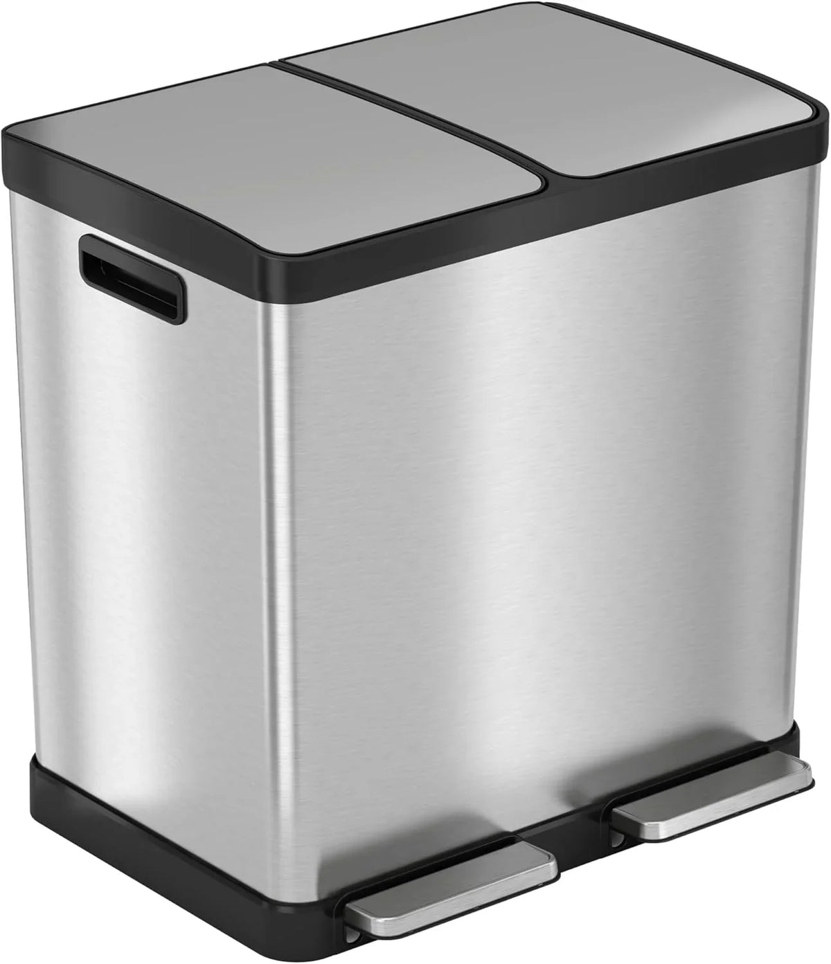 16-gallon contact-free trash and recycling bins, made of stainless steel, with a double compartment design (each compartment holds 8 gallons), suitable for recycling and waste disposal in the kitchen.