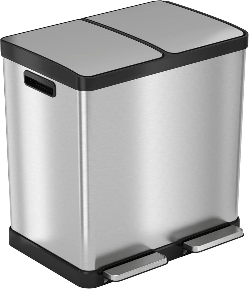 16-gallon contact-free trash and recycling bins, made of stainless steel, with a double compartment design (each compartment holds 8 gallons), suitable for recycling and waste disposal in the kitchen. B4993