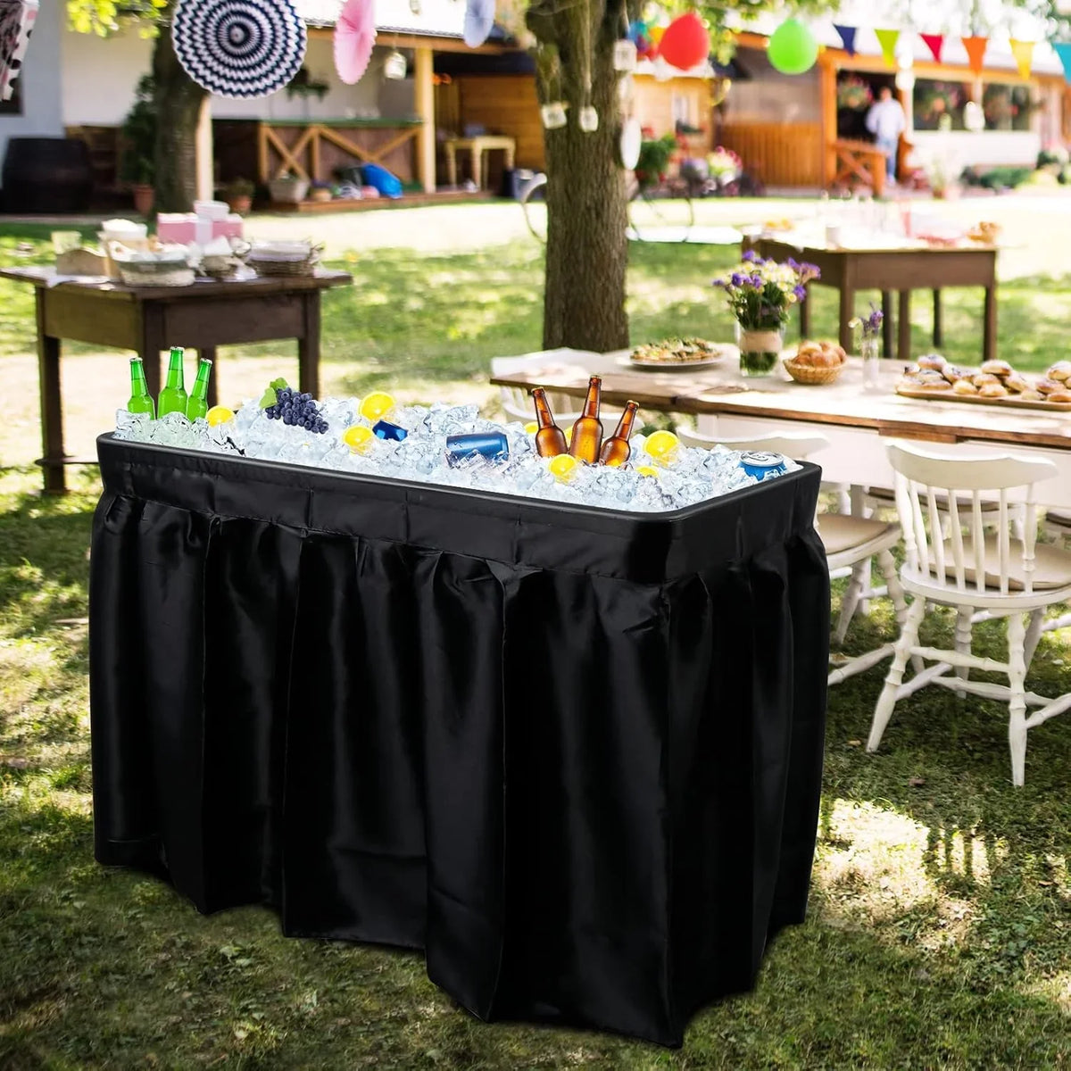4 feet black ice crystal table, portable rear panel camping fishing cleaning table, plastic material with matching skirt, suitable for parties, barbecues, camping and picnics as an ice chest
