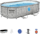 The robust steel swimming pool " Series II" - a 14 feet x 8 feet 2 inches x 39.5 inches outdoor above-ground pool package, equipped with a 530 liter/minute filtration pump, ladder and pool cover.