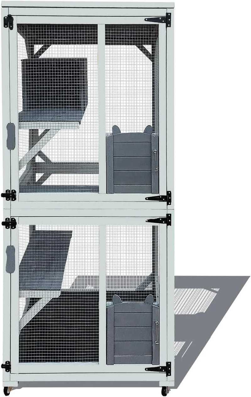62.6-inch wooden outdoor cat house, large cat cage room, equipped with 7 platforms, 2 rest boxes and a rainproof roof, suitable for multiple pets to use. Step-in cat apartment shelter, white model C3756
