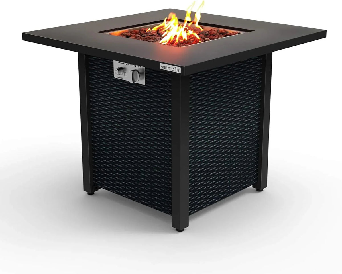Propane fire pit table, 40,000 watt outdoor square gas fire pit, with lid, weather-resistant metal material, adjustable flame, rock melting set, highly suitable for use on decks, backyards and platforms (30 inches × 30 inches × 11 inches)