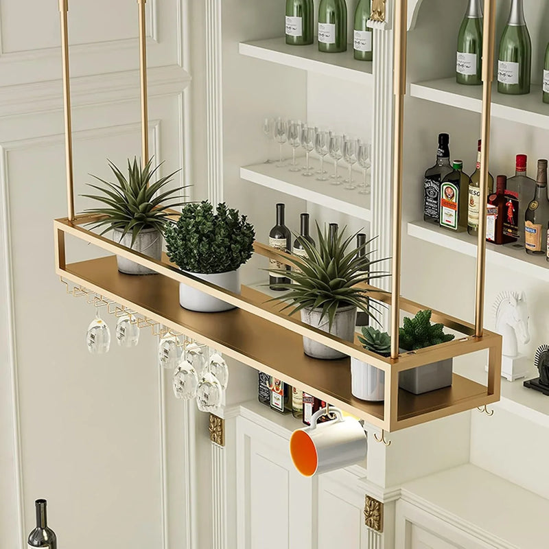 Wall Mounted Wine Rack for Bars & Restaurants Gold Metal Hanging Storage for Wine Bottles & Stem Glasses Perfect for Dining Room & Kitchen Decor Space Saving Design V7419