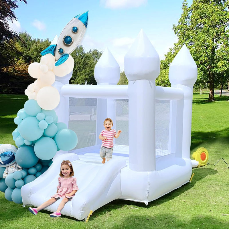 White Bounce House Indoor Outdoor Bouncy Castle for Kids 2-8 Oxford Toddler Bounce House with Slide Balloon & Blower,103 x 71 x 90 inch,Children's Birthday Party Easter Party Gifts J119