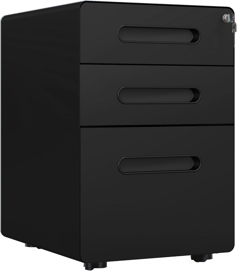 3 Drawer Vertical Filing Cabinet with Lock and Wheels, Under Desk Mobile File Cabinet for Legal, A4, Letter Size, Steel Frame for Home Office, Black N2610