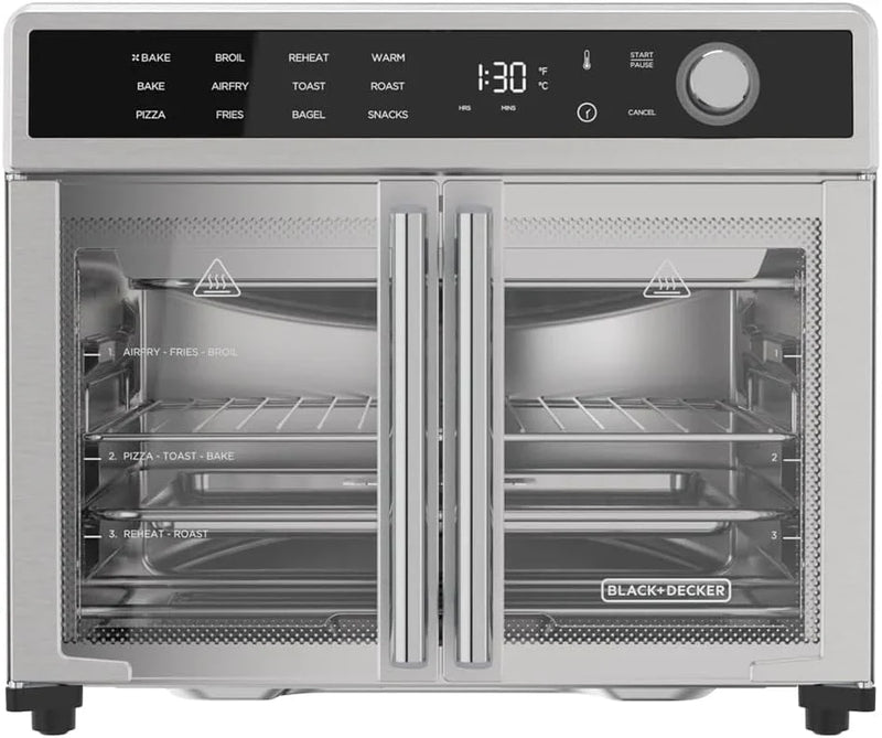 Fryer Toaster Oven Combo, 12 in 1 Countertop Convection Oven Cooks Food Fast, Fits a Whole Pizza or 6 Toast Slices, French Doors with Stainless Steel Finish J5826