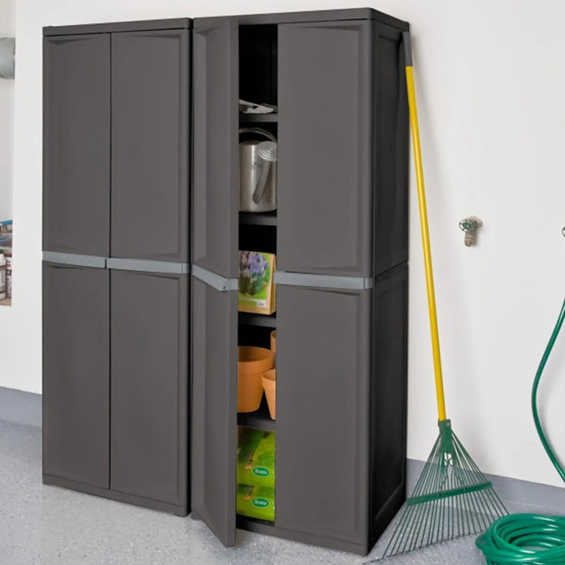 Storage Cabinet, Rugged Plastic Garage Organizer with Double Doors, 4 Adjustable Shelves, Gray T6163