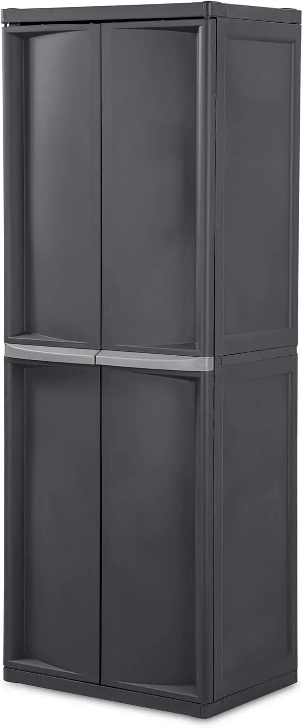 Storage Cabinet, Rugged Plastic Garage Organizer with Double Doors, 4 Adjustable Shelves, Gray