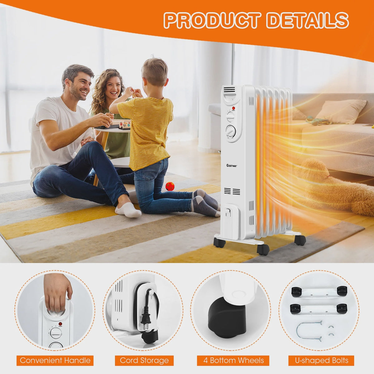 1500W Electric Oil Filled Radiator Space Heater 5-Fin Thermostat Room Radiant