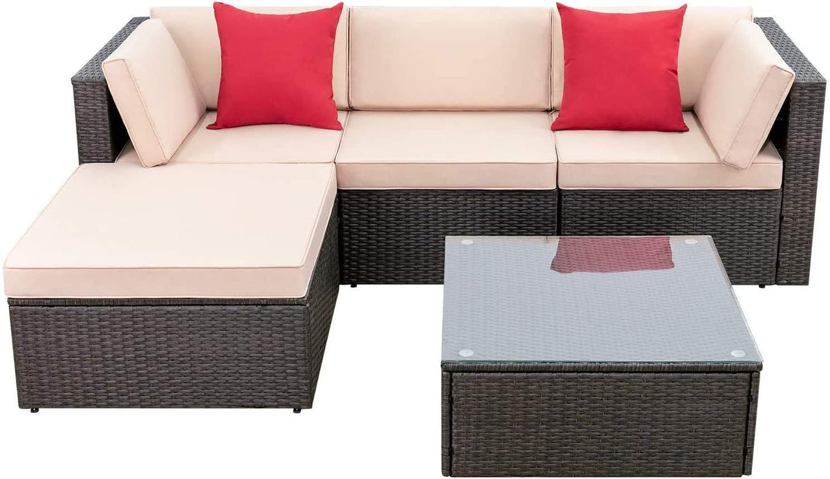 5 Pieces Patio Furniture Sets All Weather Outdoor Sectional Patio Sofa Manual Weaving Wicker Rattan Patio Seating Sofas with Cushion and Glass Table(Beige)