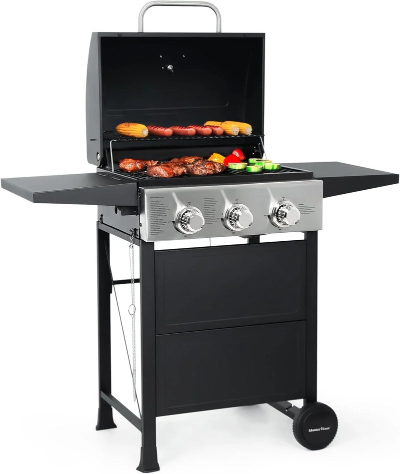 Burner BBQ Propane Gas Grill, Stainless Steel 30,000 BTU Patio Garden Barbecue Grill with Two Foldable Shelves H2699