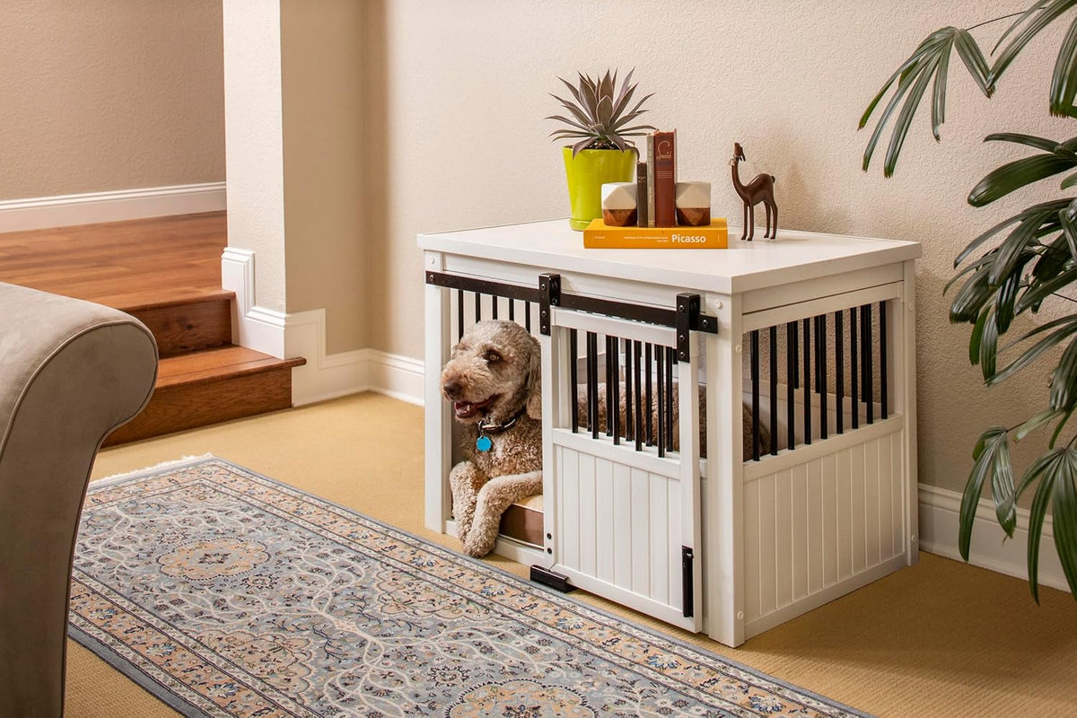 Farm sliding cowshed door furniture-style dog cage - antique white, large size. Unique style, durable and sturdy. Removable seat cushion. Easy to assemble.