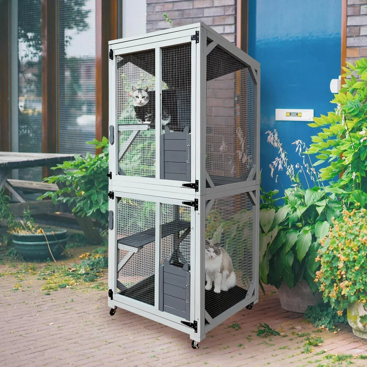 62.6-inch wooden outdoor cat house, large cat cage room, equipped with 7 platforms, 2 rest boxes and a rainproof roof, suitable for multiple pets to use. Step-in cat apartment shelter, white model