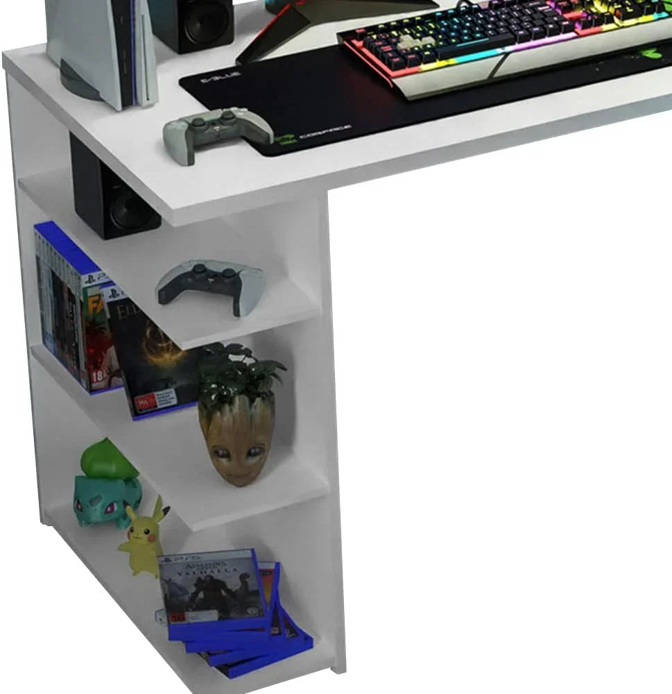 Madesa Large Modern Gaming Computer Desk 53 Inch with 5 Shelves Cable Management Student Study Wooden Table Home Office Gamer Desk for Kids and Adults - White